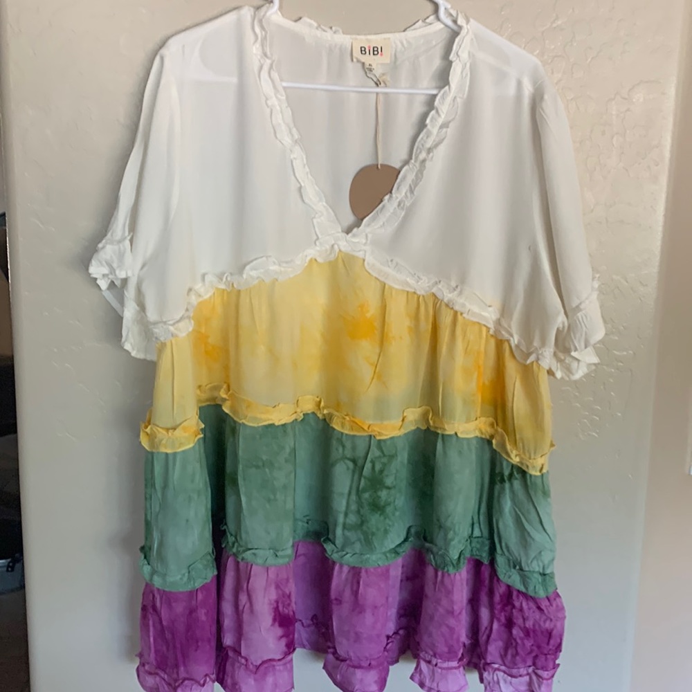 BiBi White Yellow Green Purple Tiered Ruffle Blouse